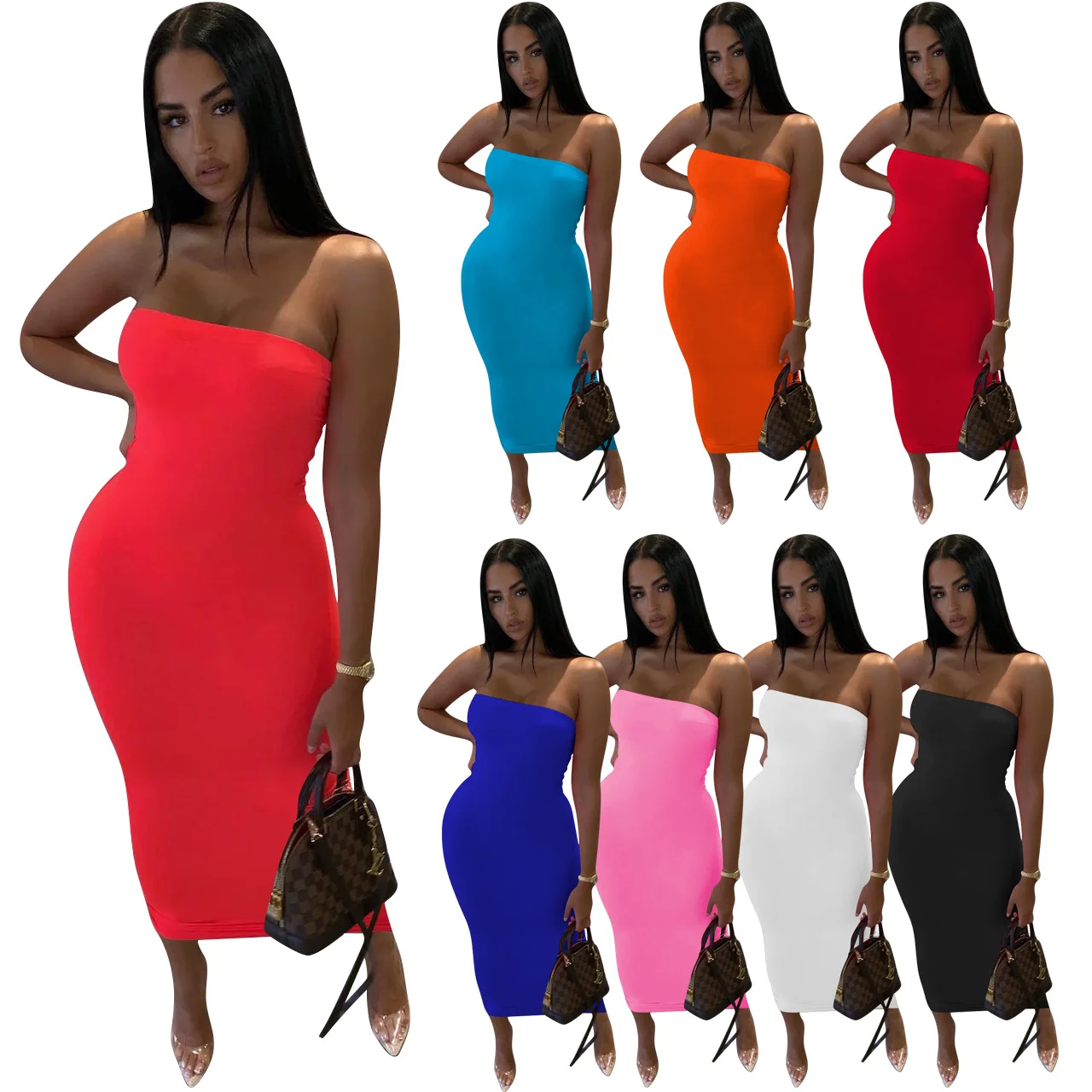 

Woman Off Shoulder Midi dress Candy color Sleeveless Bodycon Casual dress S-2XL