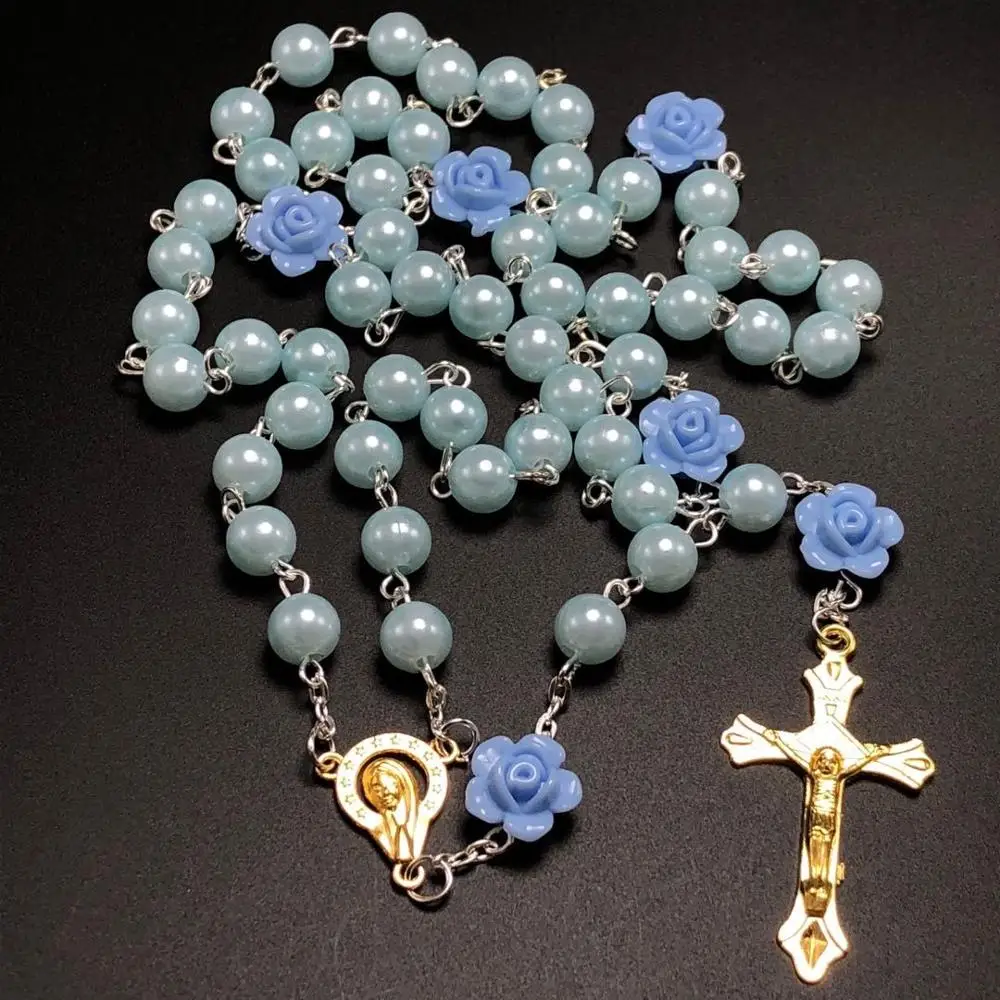 Стеклянные жемчужные четки иммитирующие ожерелье с розовыми зелеными золотыми