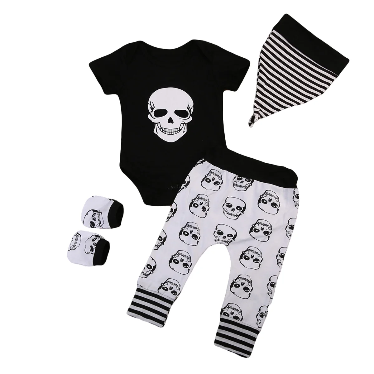 

Summer Baby Boy Girl Skull Clothes Romper +Long Pants Hat 4pcs Outfits Set 0-18M