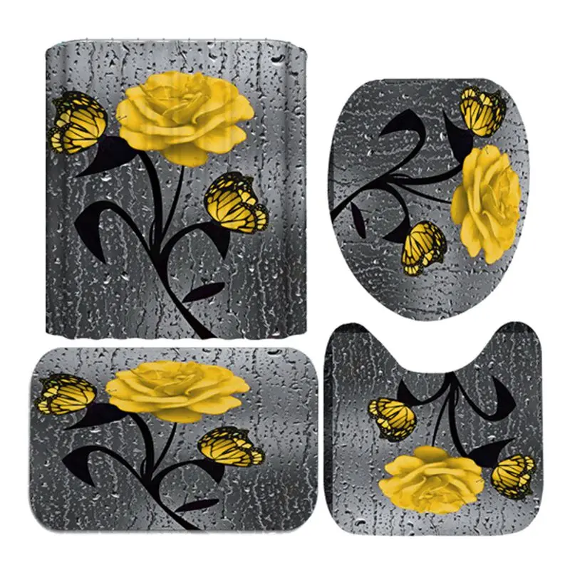 

4pcs/set Print 3D Shower Curtain Waterproof Polyester Bathroom Curtain Anti-slip Bath Mat Set Toilet Rugs Carpet Home Decor #