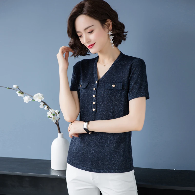 Пуловер женский трикотажный большого размера с V-образным вырезом эластичный