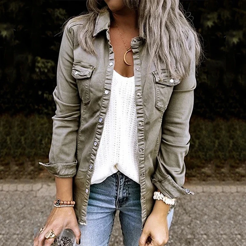 

Single Breasted Denim Women Shirt Top Turn Down Collar Solid Slim Female Shirts Autumn Fashion New Casual Jeans