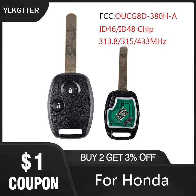 

YLKGTTER 313.8/315/433MHz 2 BT Remote Keyless Entry Car Key Fob for Honda Civic CRV Jazz HRV with ID46/ID48 Chip OUCG8D-380H-A