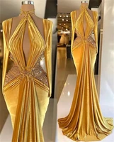 luxury gold mermaid prom dresses crystal beading velvet formal party evening dress custom made long sleeves vestido de novia