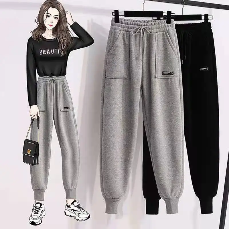 

2021 Casual Slim Fitness Pants Women Sport Jogger Trousers Black Lady Loose Leisure Straight Pants Female drawstring sweatpants