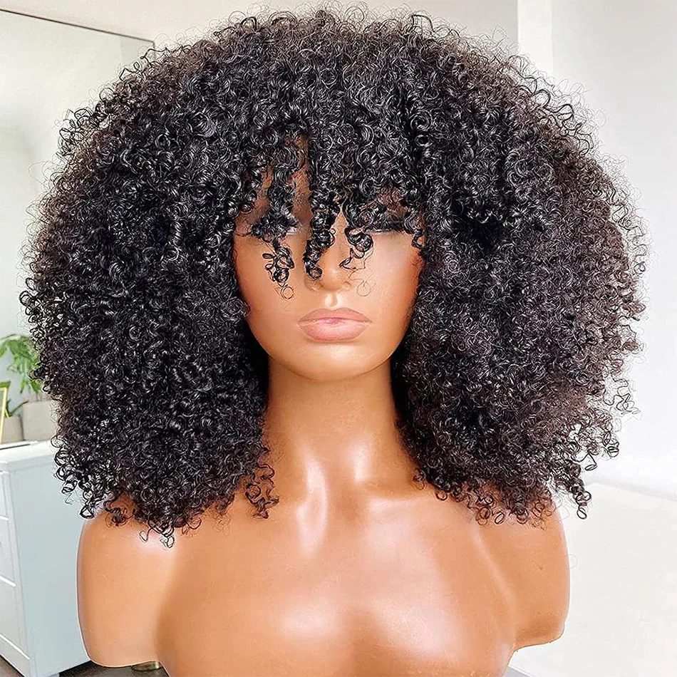 

Afro Kinky Curly Wig With Bangs Full Machine Made Scalp Top Wig 180 Density Remy Brazilian Short Curly Human Hair Wigs VSHOW