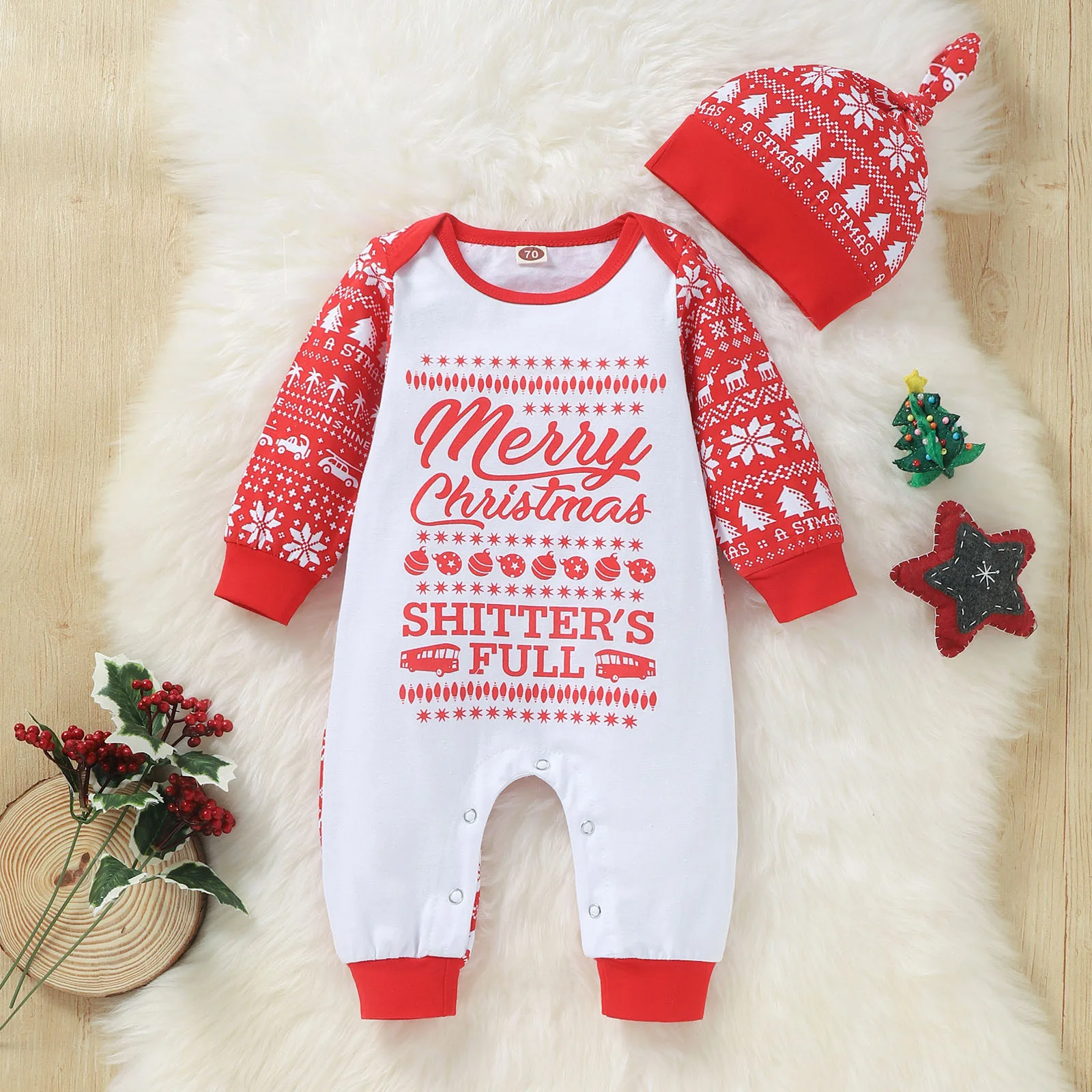 

Детский Рождественский комплект одежды из двух предметов, красный комбинезон с круглым вырезом и длинным рукавом и шапочка с принтом рожде...