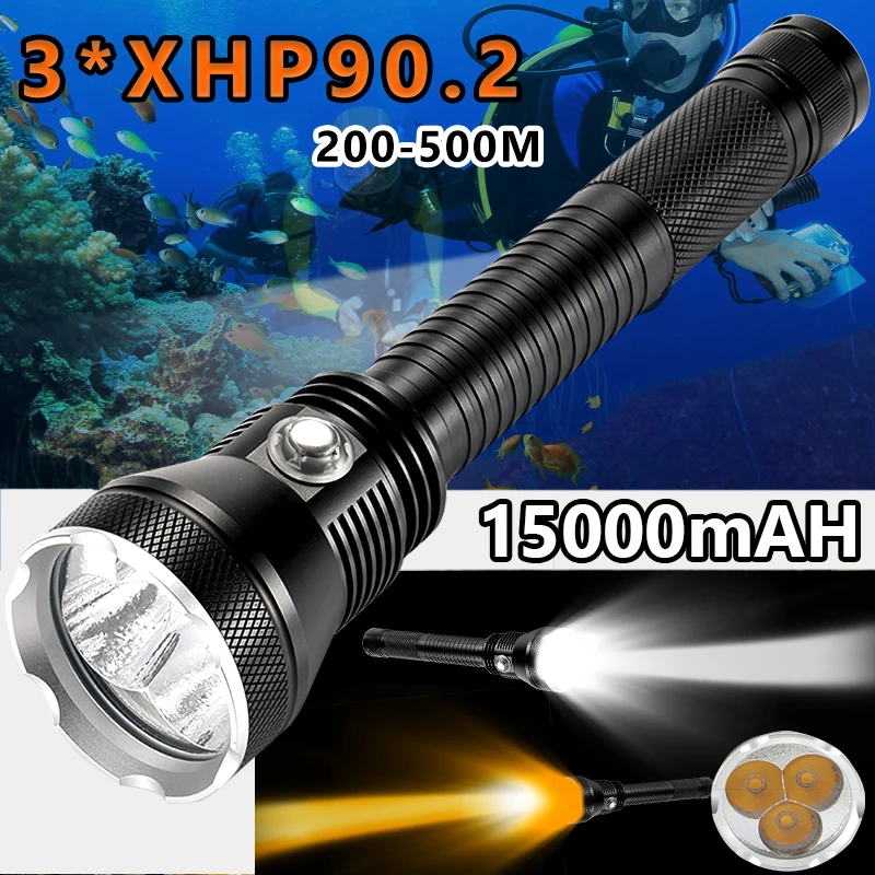 

XHP90.2 Professional Led Scuba Diving Flashlight XHP70 Yellow/White Light Underwater Tactical Dive Torch 15000mAh 26650 Battery