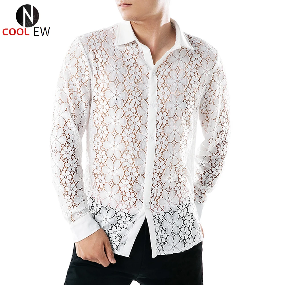 

Кружевные рубашки с длинным рукавом для мужчин, прозрачная летняя тонкая мужская рубашка, прозрачная уличная одежда в европейском и америк...