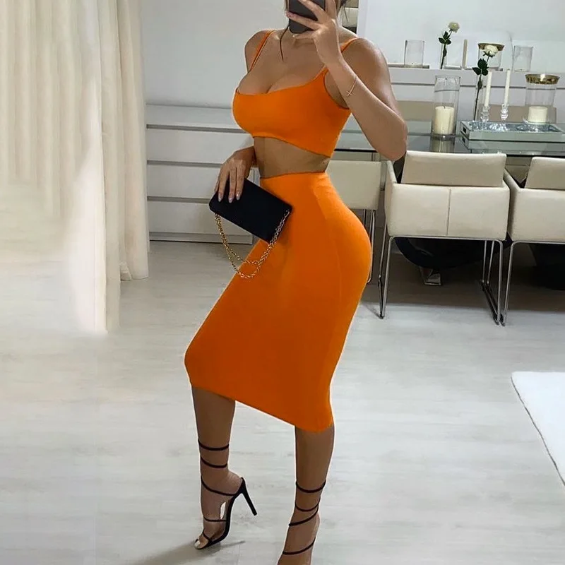

Cryptographic Casual Fashion Outfits Top and Skirt Set Outfits Club 2021 Summer Strapless Two Piece Set Bodycon Midi Skirt Solid