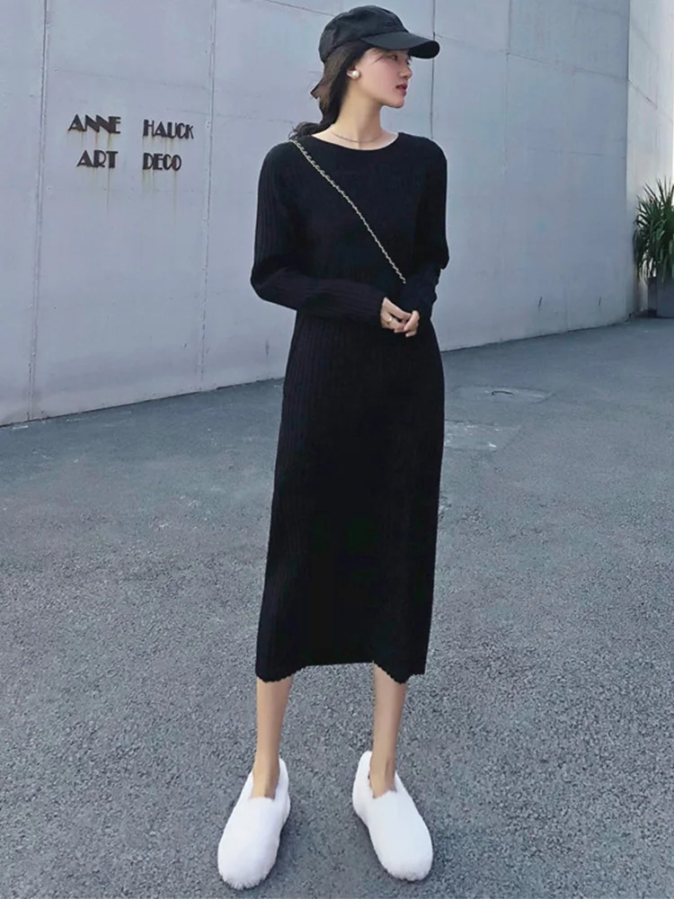 Женское вязаное платье с круглым вырезом повседневное однотонное Свободное