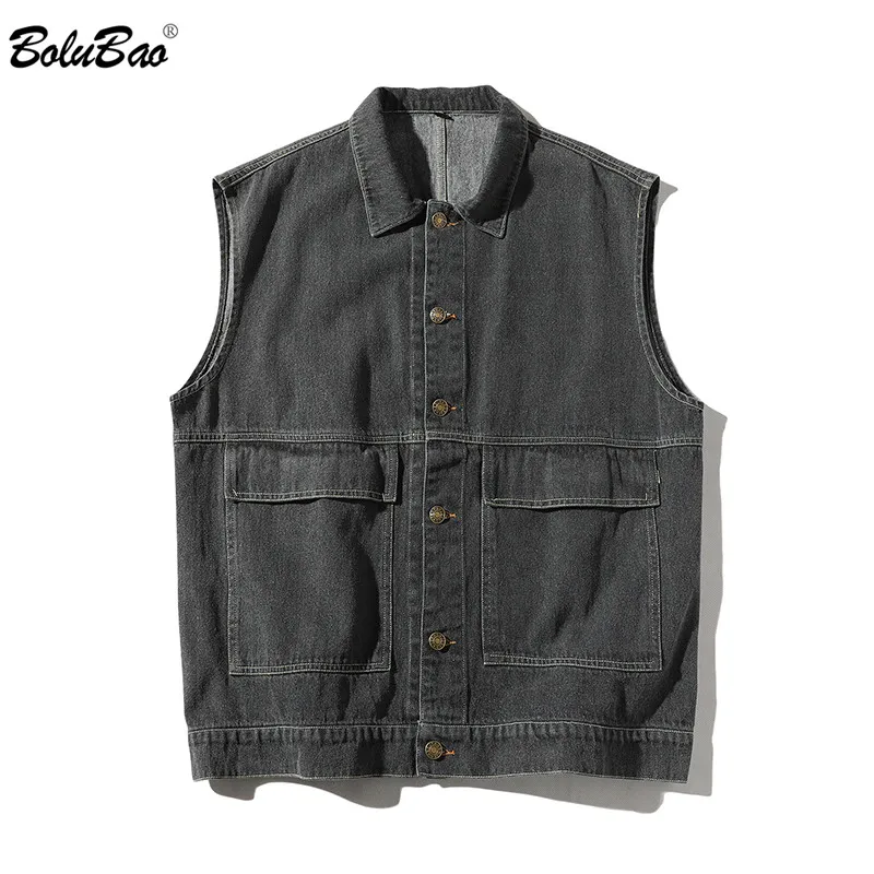 Мужской джинсовый жилет BOLUBAO однотонный с большими карманами и отложным