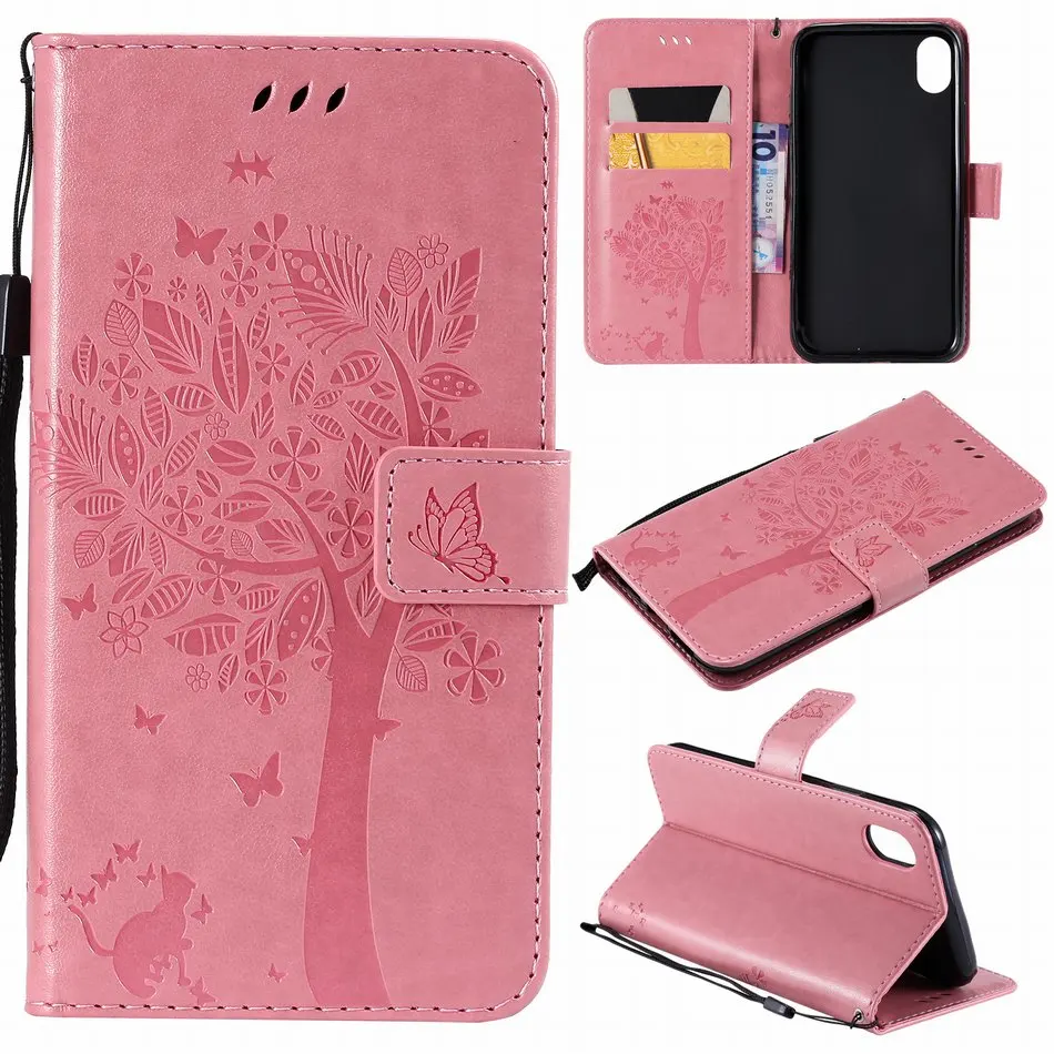 Pink Чехол-книжка с бабочкой, кошкой, деревом для iPhone 8, 7, 6, 6S Plus, X, XR, XS, 11 Pro Max, бумажник из искусственной кожи, сумки для телефона, чистый цвет, DP06Z - Цвет: Pink
