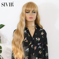 sivir long natural wave synthetic hair wig goldbrownorangepurple color with bangs machine wigs heat resistant fiber for women