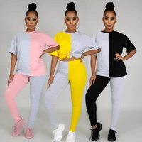 color block casual sport women two 2 piece set short sleeve tshirt tops skinny pants suit patchwork tracksuit summer 2021 outfit