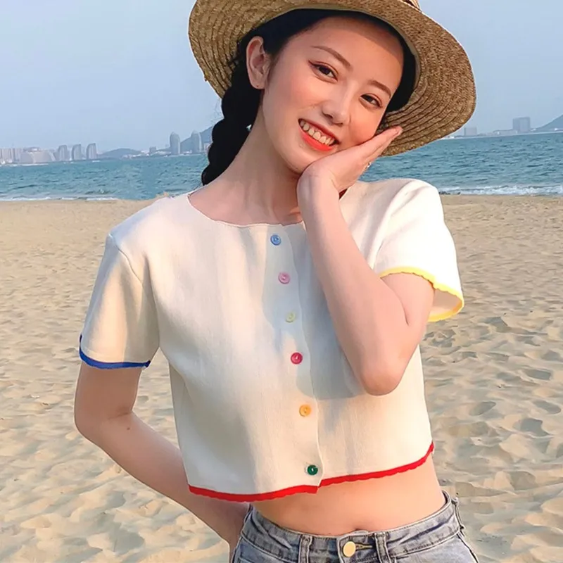 

Women Sweet O-neck Button Short T Shirt Summer Exposed Navel Short-sleeved Knitted T-shirts Cardigan