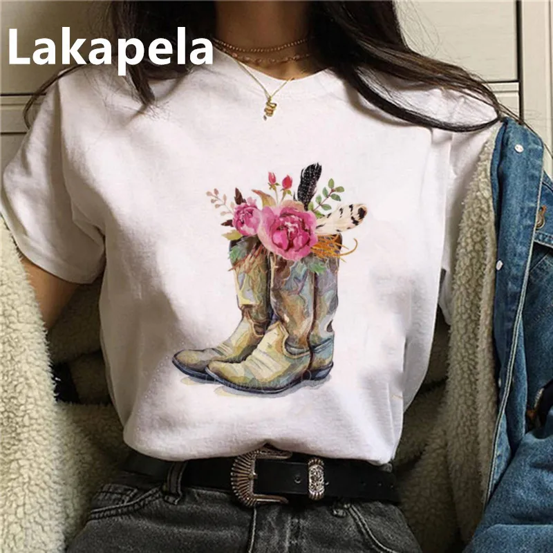 

Cowgirl Boots Flowers Print Women Tshirt Modal Casual Funny T shirt Gift For Lady Vogue Girl Tops Plus Size Women Clothing