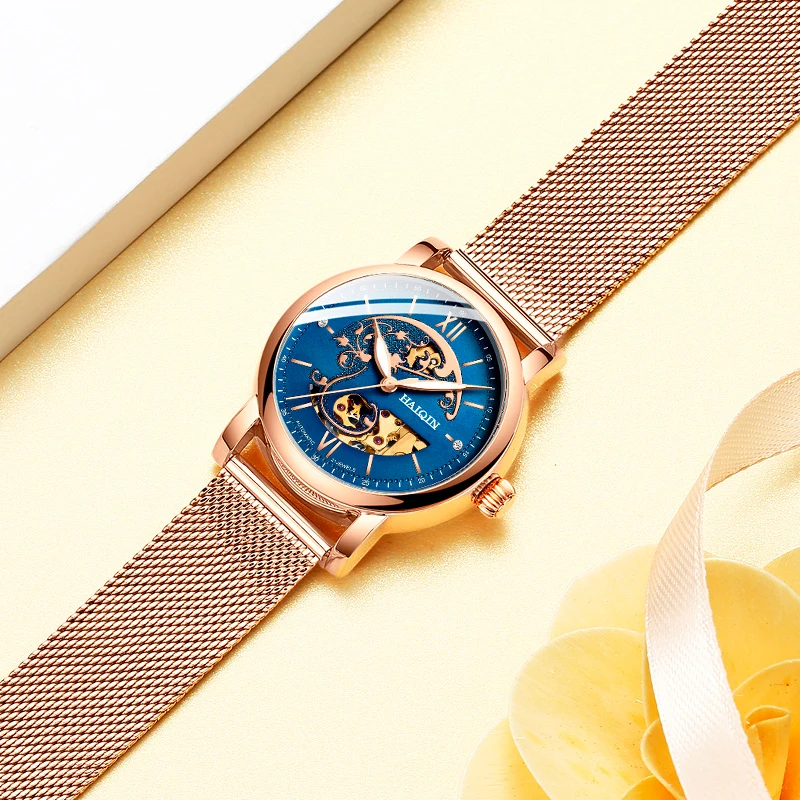 Женские Механические часы HAIQIN Skeleton роскошное Брендовое женское кожаное платье