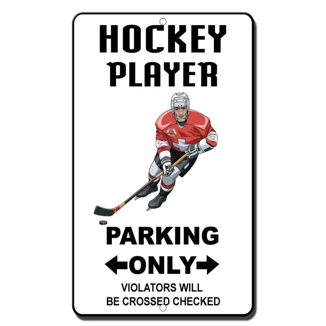 

9Ginkgo& Metal Tin Sign Retro Hockey Player Parking Only Violators Will Be Crossed Checked Sign Aluminum Metal Sign for Men,