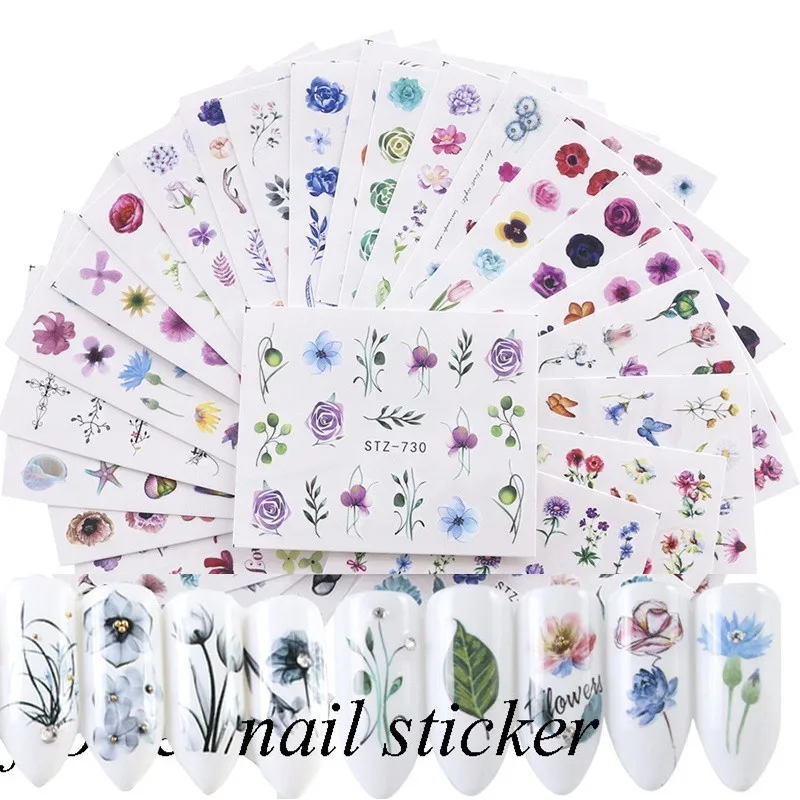 24 листа гелевых наклеек для ногтей акварельные цветочные узоры водный