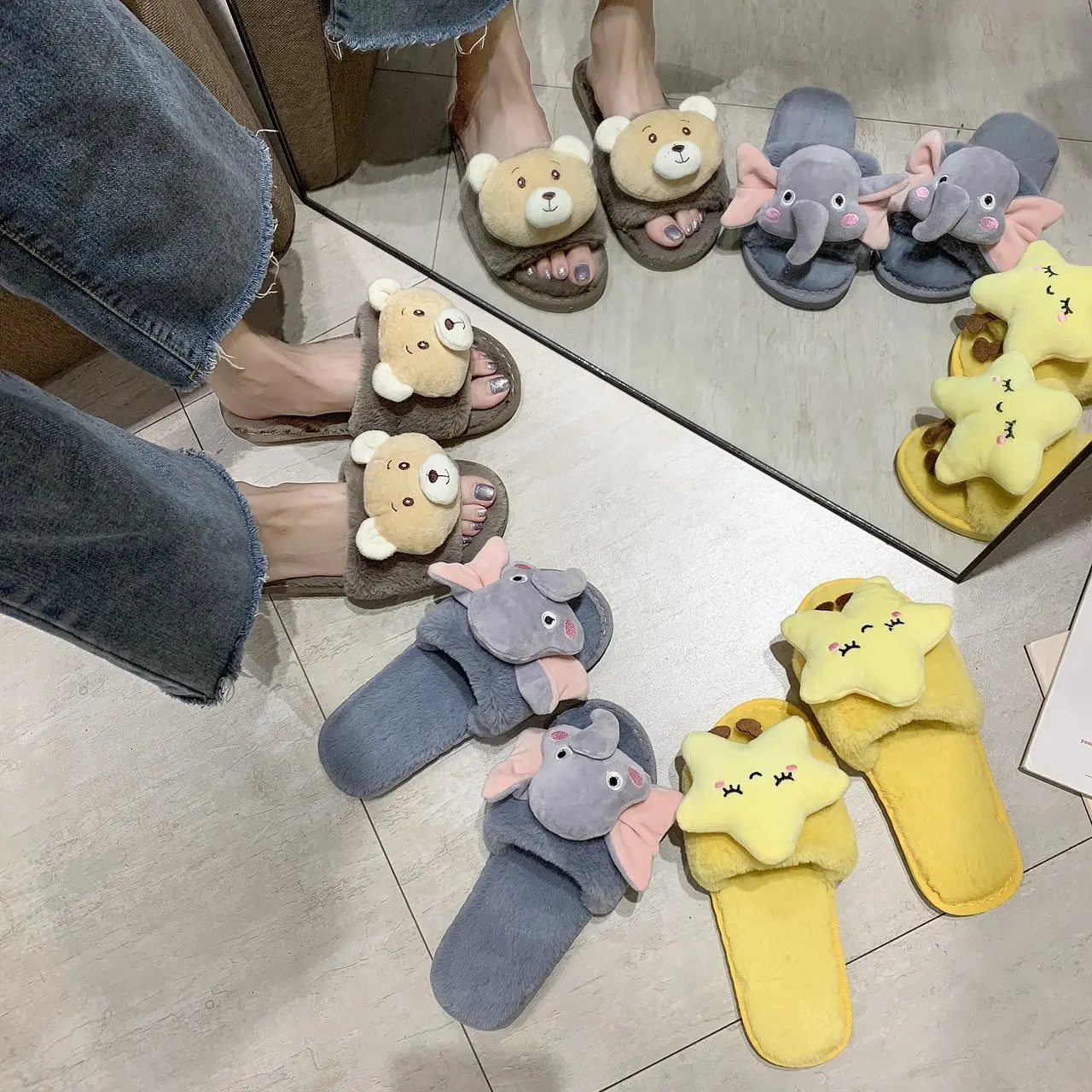 Indoor Winter Women Fur Slippers Cute Cartoon Animal Elephant Funny Girls Furry Slipeprs Bedroom Flats Ladies Shoes | Обувь