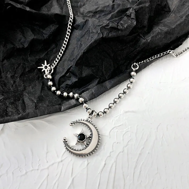 

Simple Korean Moon Star Black Cubic Zirconia Tibetan 925 Sterling Silver Pendant Necklace For Women Clavicle Chain Jewelry Gifts
