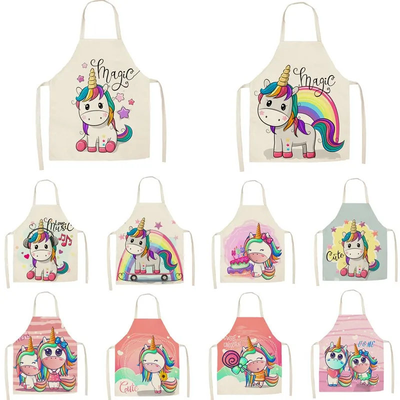 

1Pcs Kitchen Apron Cartoon Unicorn Music Printed Sleeveless Cotton Linen Aprons for Men Women Home Cleaning Tools WQTF01