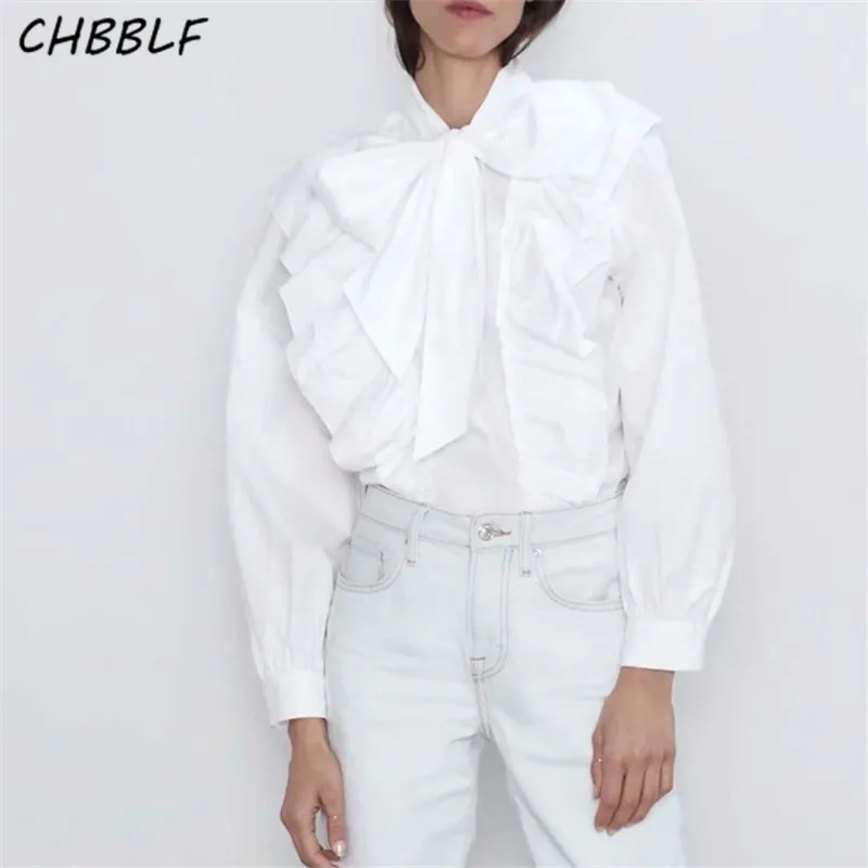 CHBBLF Женская шикарная галстук бабочка белая блузка оборки с длинным рукавом