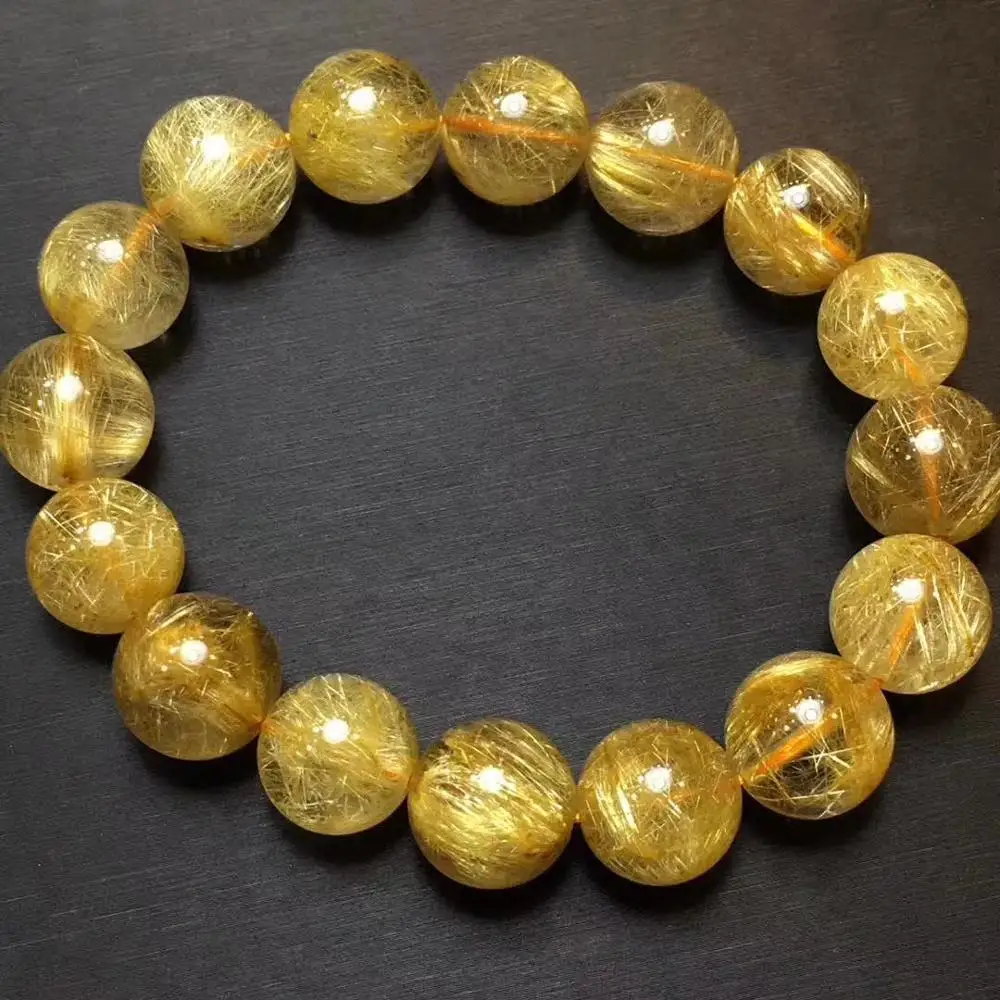 

13mm Genuine Natural Brazil Gold Rutilated Titanium Quartz Crystal Bracelet For Woman Man Round Beads Bangle Wealthy AAAAAA