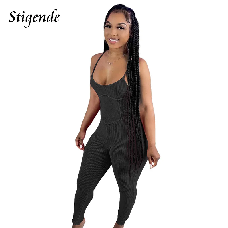 

Stigende Casual Ribbed Spaghetti Strap Jumpsuit Women Sexy Backless Bodycon Cami Jumpsuit Solid Color Skinny Pencil Pants