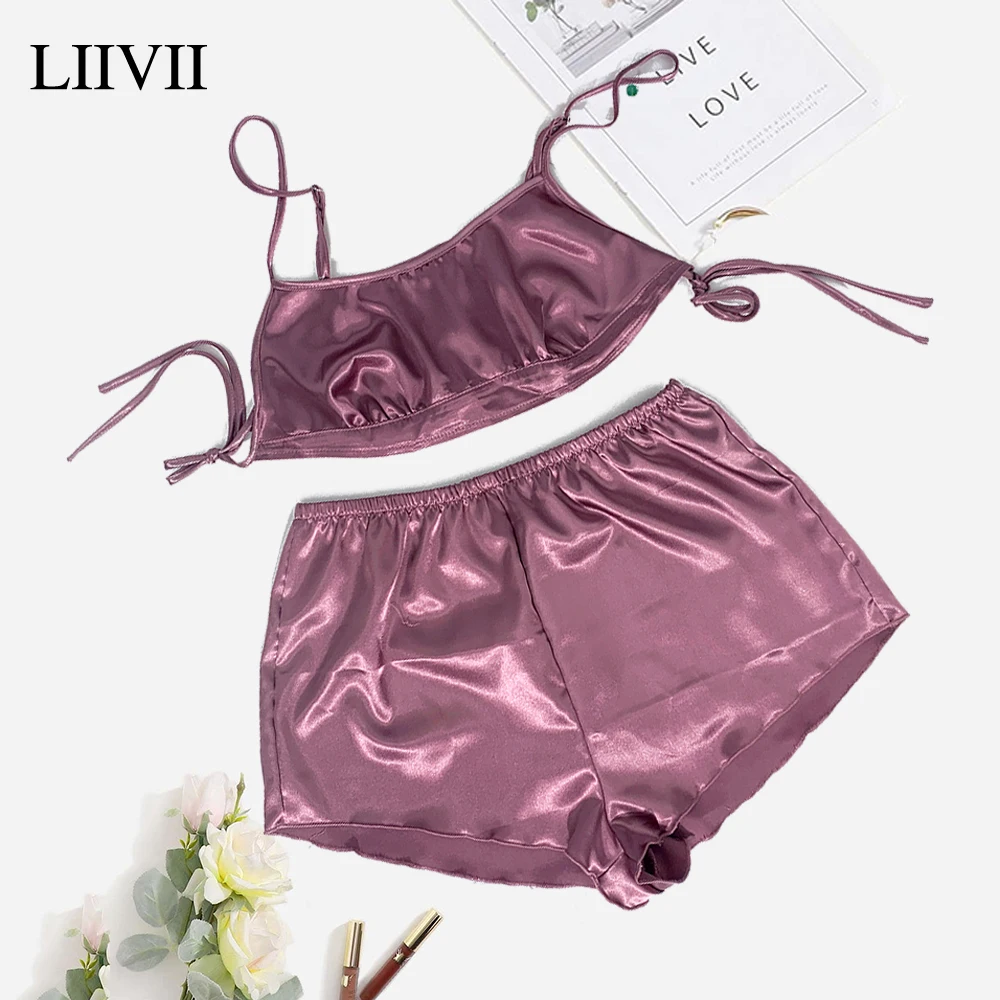 

Spaghetti Strap Sleepwear Elastic Waist Women Nightwear Two Piece Silky Pajamas Set Women Sexy Sling Top and Shorts Pajama Sets