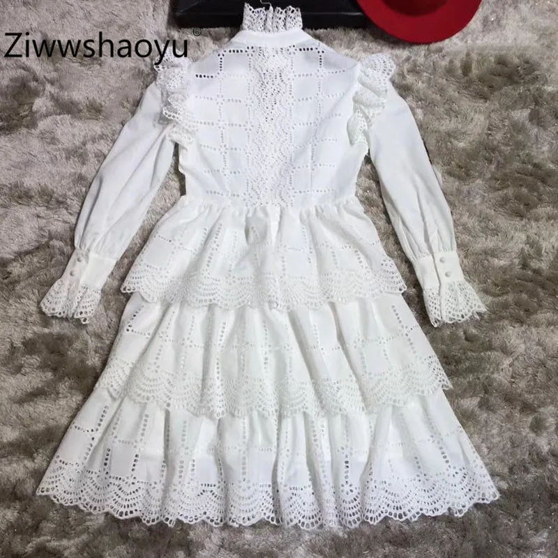 Ziwwshaoyu/высококачественное осенне-зимнее Открытое платье с вышивкой Женские рукава-фонарики с оборками повседневные платья для вечеринок