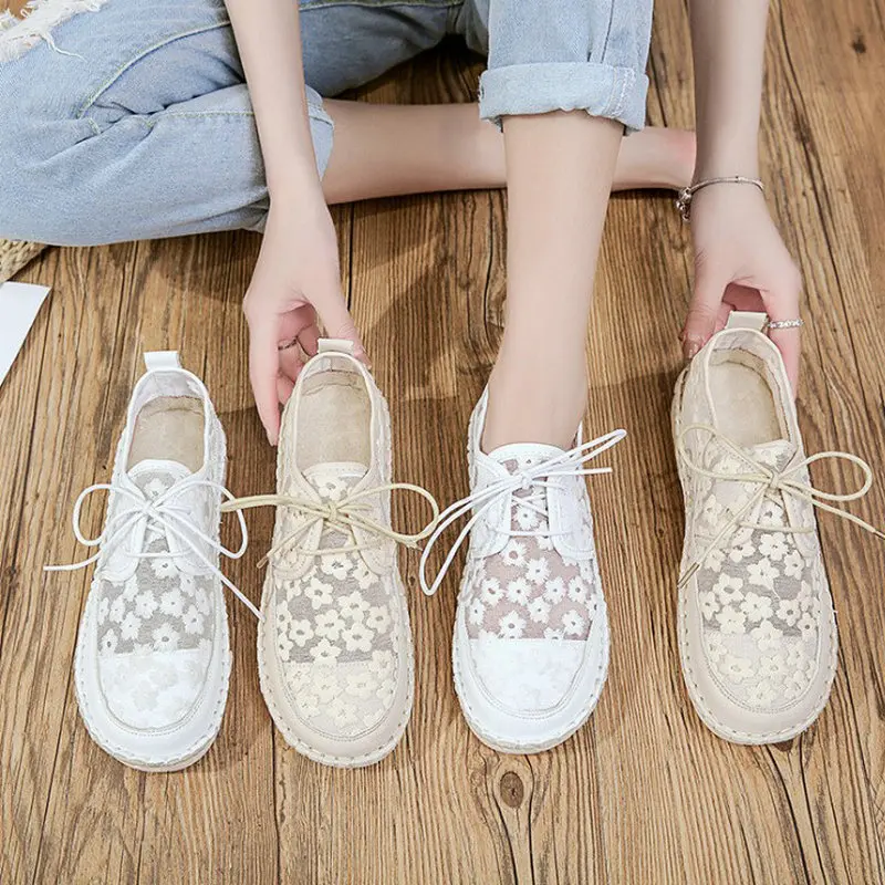 

Summer New Forest Art Casual White Shoes Lace Embroidery Lace Flat Female Shoes Tide Flats For Women Ladies Shoes Drop Shipping
