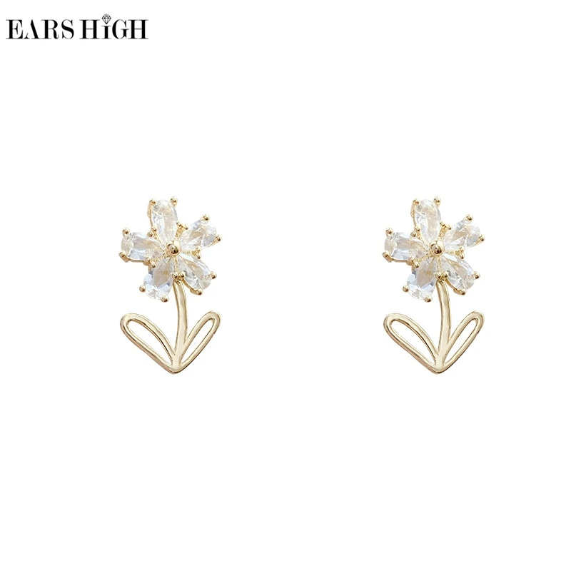 

EARS HIGH Korean Elegant Cute Zircon Flower Stud Earrings For Women Girls Sweet Boucle D'oreille Statement Jewelry Gifts