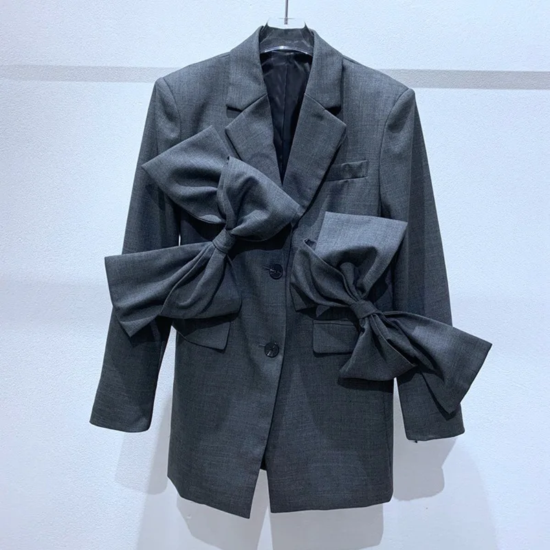 

Новинка 2020, модный Женский блейзер с бантом в стиле пэчворк, винтажные женские блейзеры, куртки, черные, серые повседневные женские блейзеры...