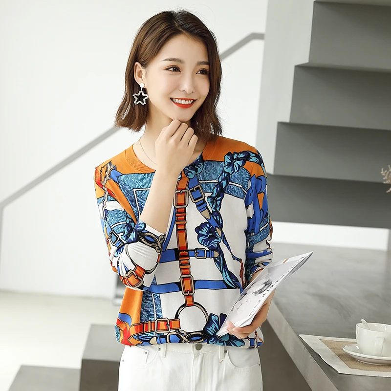 

Women Sweater 2021 New Print Long Sleeve A-Straight Pullovers Autumn Winter O-Neck Jumpers Knitwear Paint Artistical Sweaters