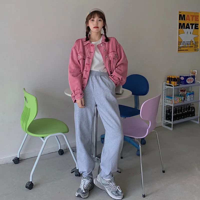 

Basic Jackets Women Solid Pink Denim Pockets Drop-shoulder Streetwear Sweet Korean Style Girls Retro All-match Outerwear Female