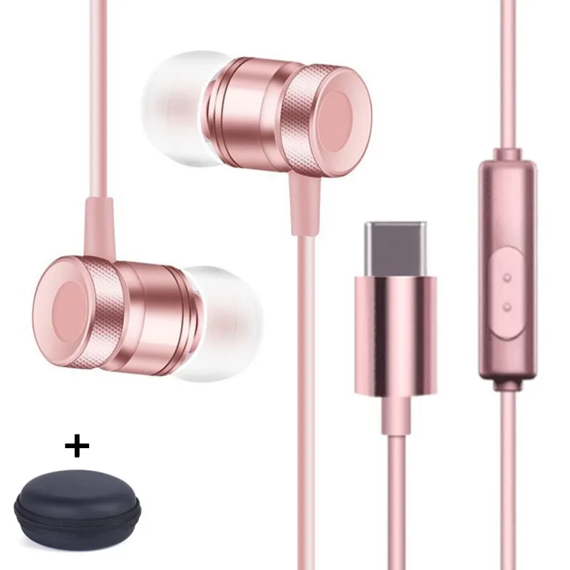 GutsyMan usb type-C наушники-вкладыши стерео цифровые Проводные спортивный Металлический наушники с микрофоном type C гарнитура для телефонов type C - Цвет: Rosegold With Bag