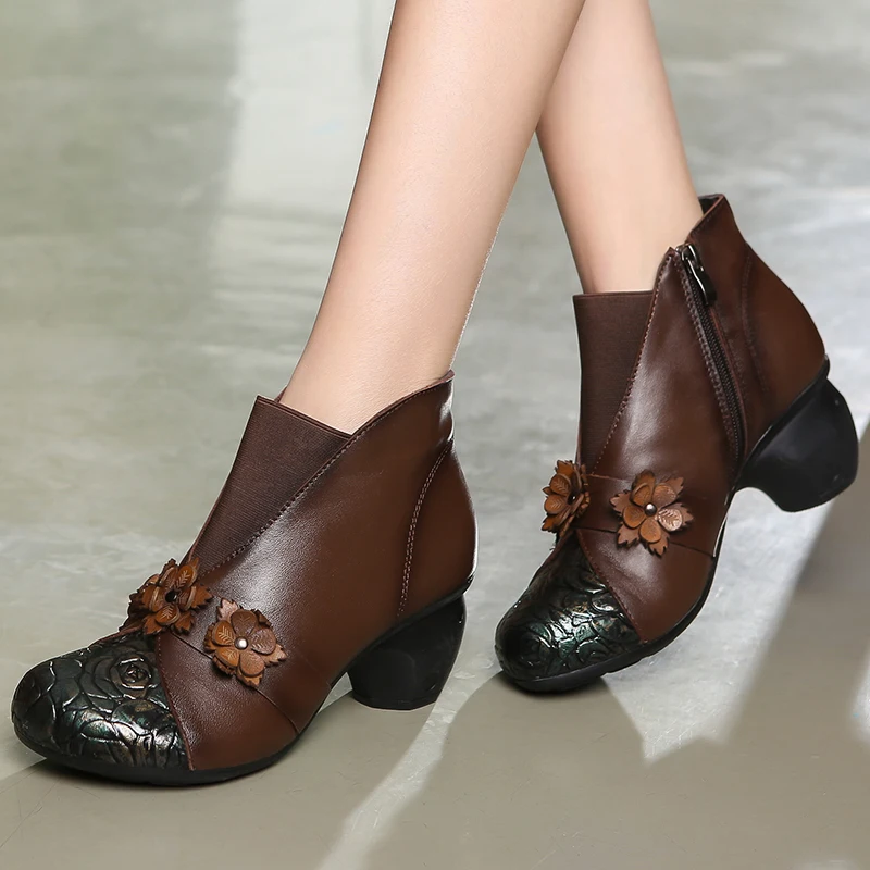 Женские кожаные ботинки Обувь на высоком каблуке с цветочным узором черные