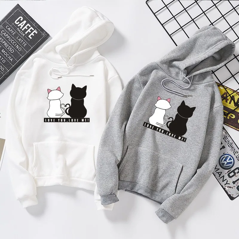 BEFORW,, толстовки, унисекс, черный, белый, пара, кот, худи, джемпер, для мужчин и женщин, Повседневный, с принтом, толстовка с длинным рукавом