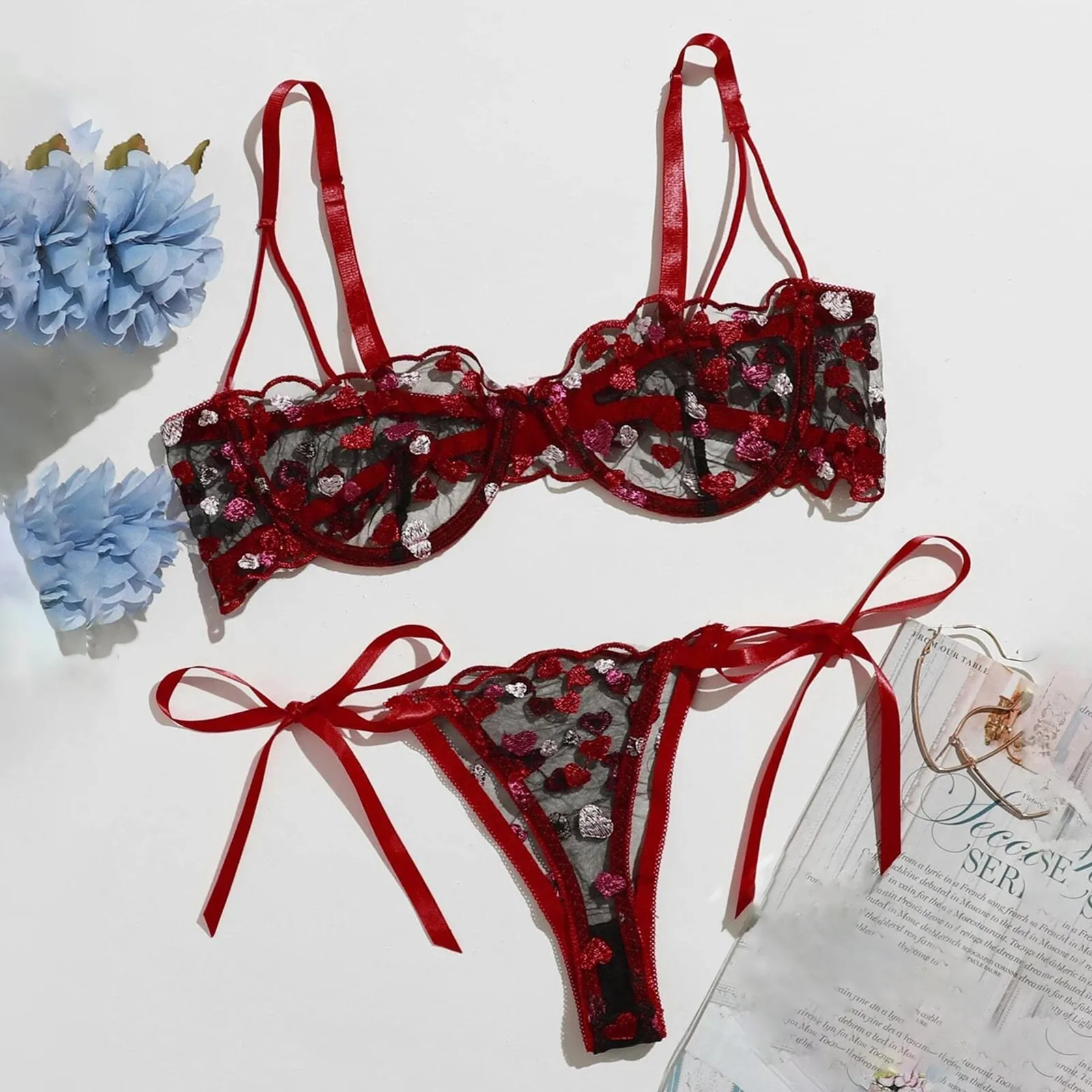 

Women's Underwear Ladies Sexy Temptation Lace Love Embroidery Bra Strappy Thong Underwear Set Oversize Sensual Lingerie Woman