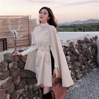 2021 autumn high quality woolen cloth shawl cape poncho with belt women mid length korean sleeveless plus size ladies coats