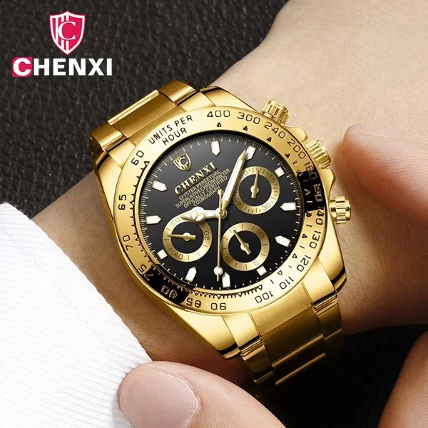 Мужские дизайнерские часы роскошные бренда CHENXI Кварцевые Золотые хороший