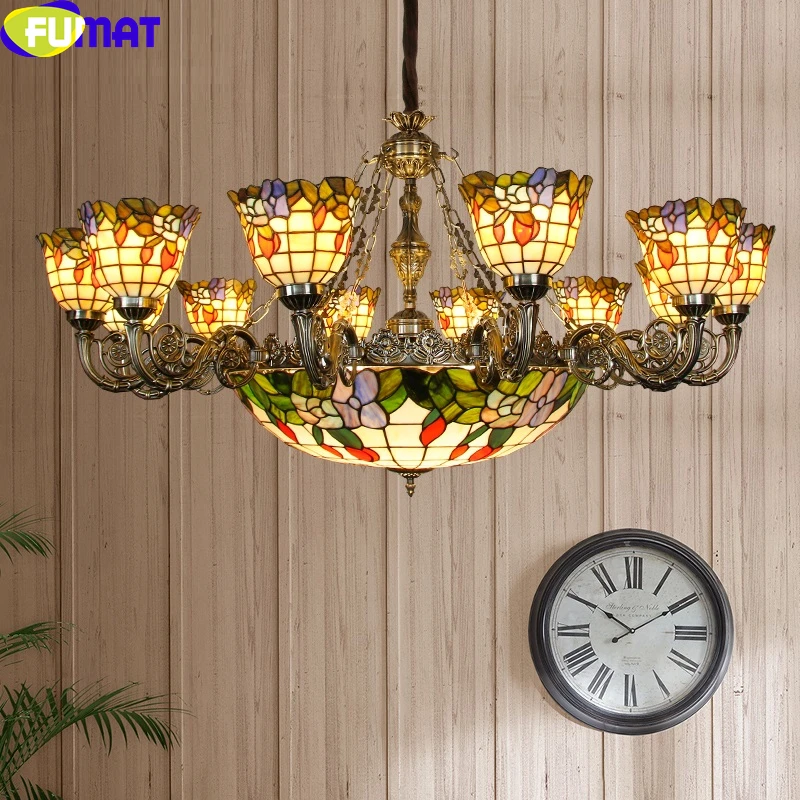 

FUMAT Tiffany Style Multi Heads Pendant Lamp Antique Luxourse Stained Glass Deluxe Chandeliers Art Handcraft Decor Hanging Light