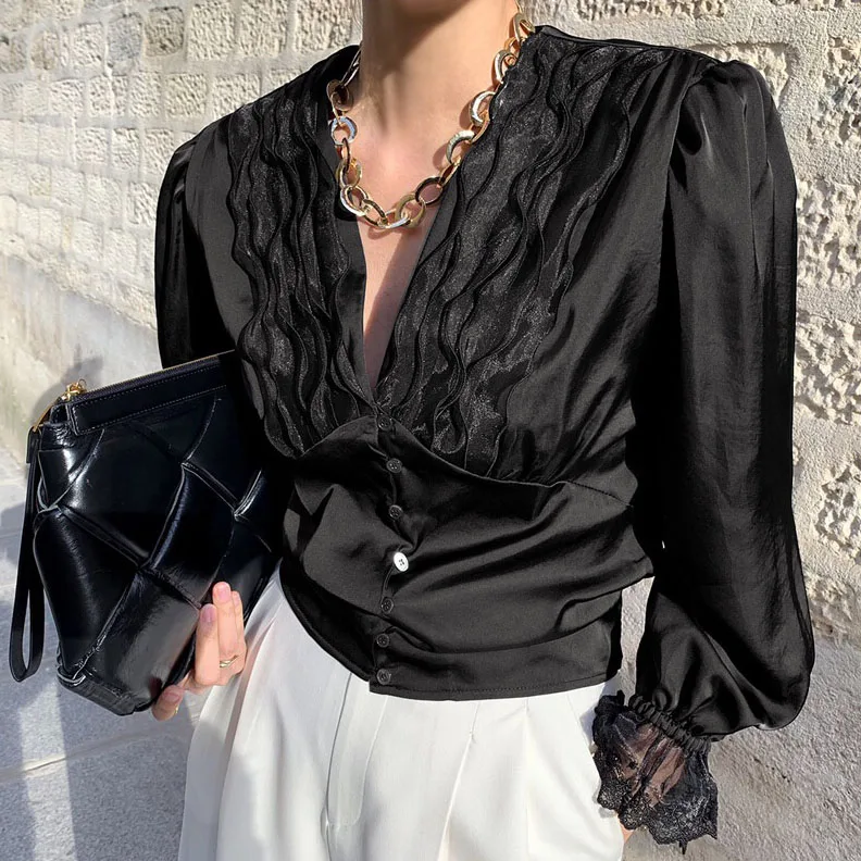 

Women Summer Chic Ladies Sexy V-neck Blouse Tops Fashion Single-breasted Female Lace Shirts Vintage Slim Waist Blouse
