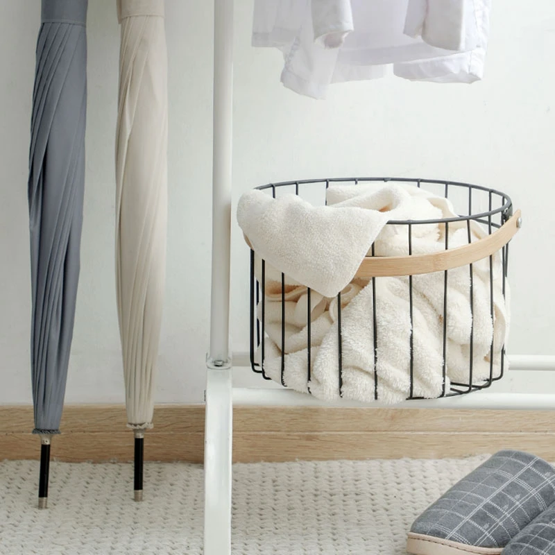 Железная корзина с ручкой из твердой древесины простая дренажная для фруктов и