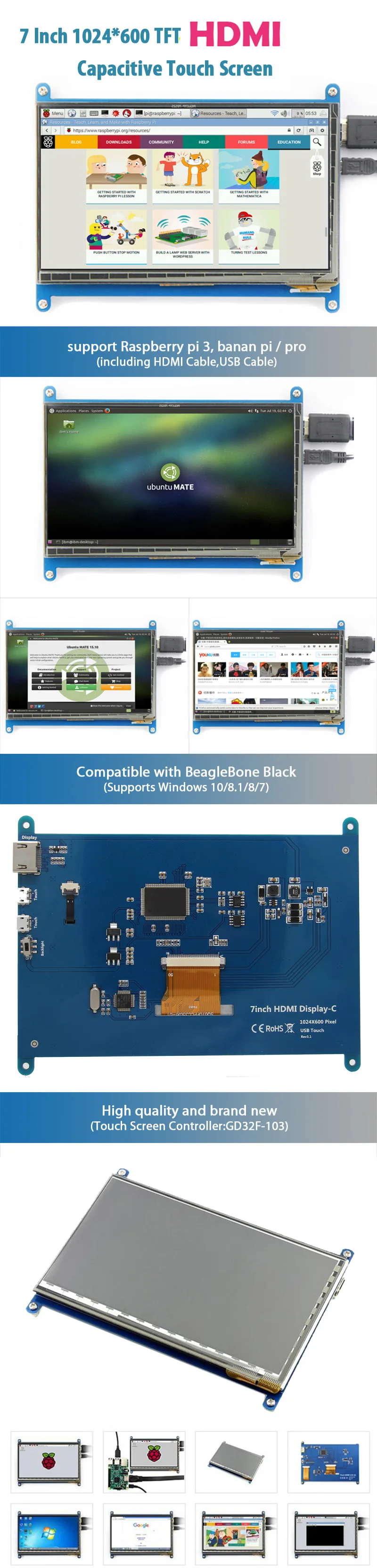 Raspberry Pi 4 Модель B 7 дюймов сенсорный экран 1024*600 HDMI TFT ёмкостный ЖК-дисплей/монитор для Raspberry pi 4/3B+/win10/8/7