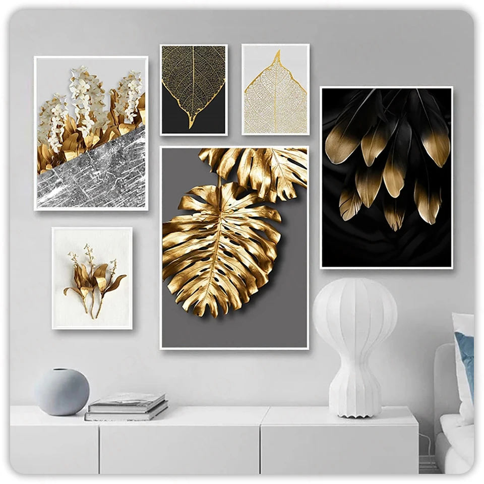 

Nordic Golden Abstract Leaf Flower Wall Art Canvas Painting Black White Feathers Poster Print Wall Picture For Living Room Decor
