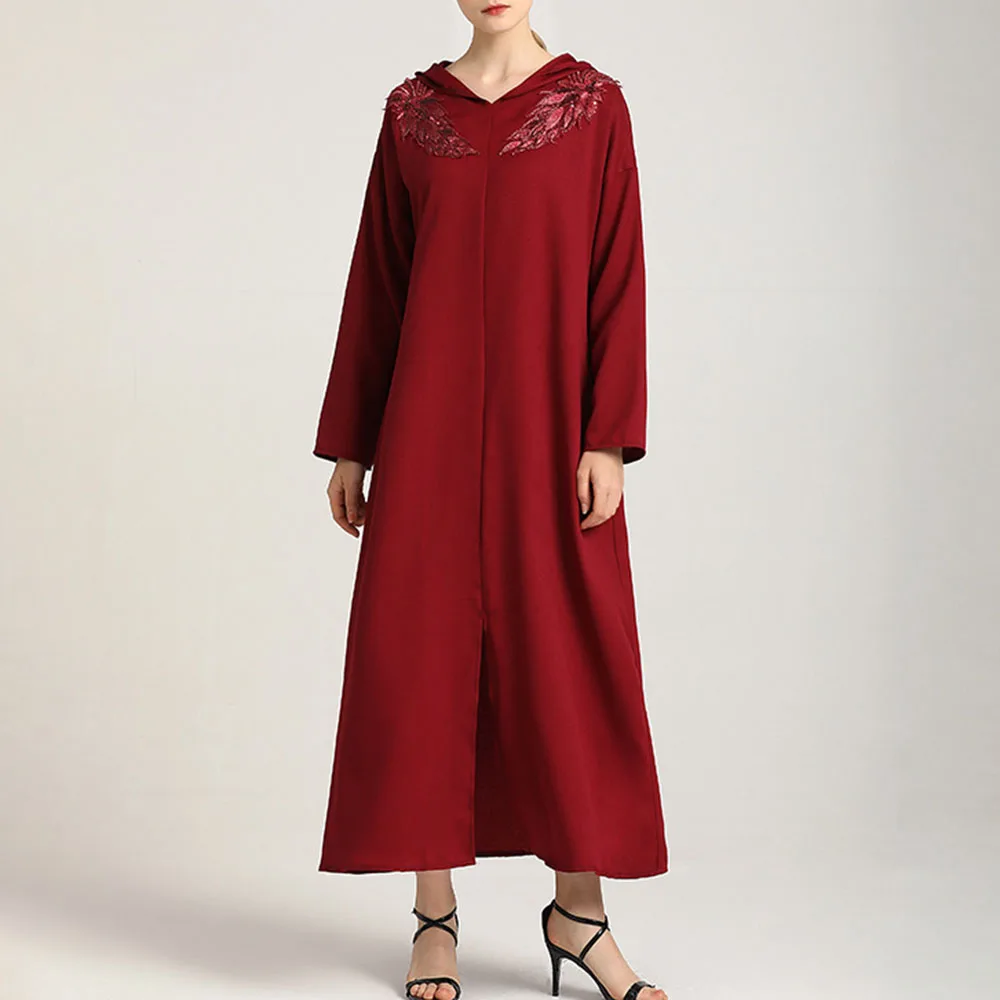 

Western Style 2021 Summer New Muslim Women's Dress Solid Color Applique Long Sleeve V-neck With Hood Oversize Loose Casual