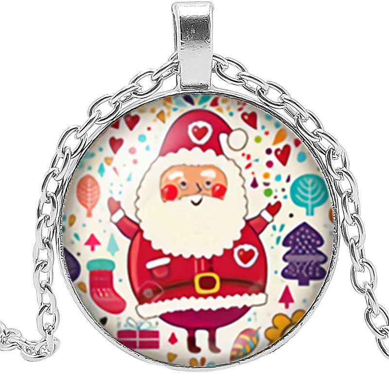 

2020 New Year Merry Christmas Old Man Necklace Gift Glass Convex Round Silver Pendant Necklace for Children's New Year Gift